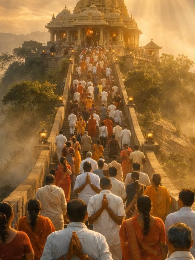 Devotees standing before a glowing Hindu temple at sunrise symbolizing wishes being fulfilled