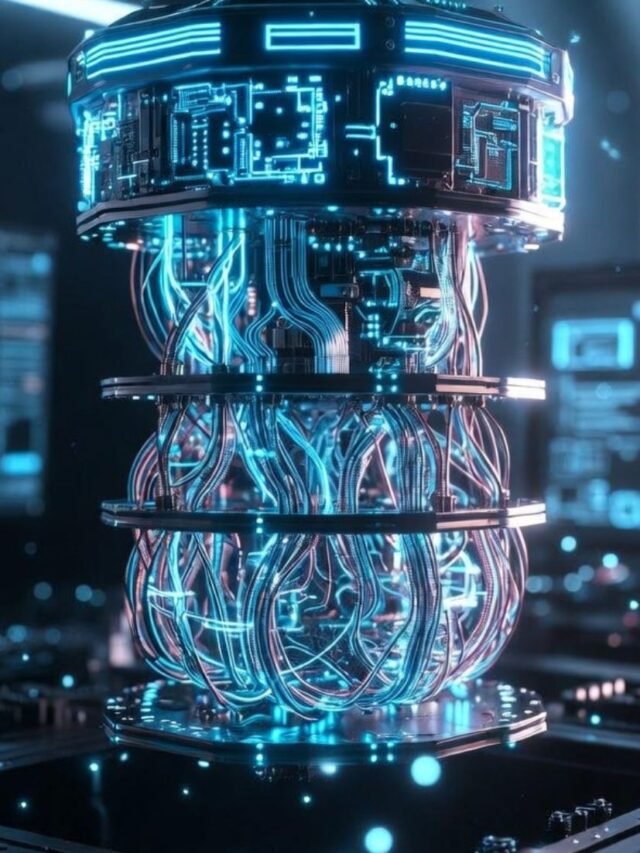 Advanced quantum computer glowing inside futuristic research laboratory