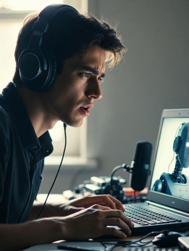 Content creator recording robotic AI voiceover for YouTube video