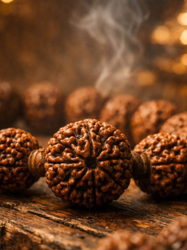 Close-up of sacred rudraksha beads glowing under temple light with spiritual aura