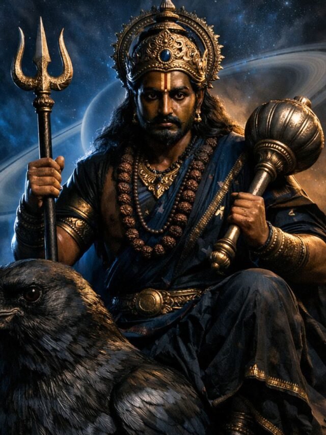 Serious depiction of Shani Dev holding trident, dark cosmic background symbolizing karmic justice and divine discipline