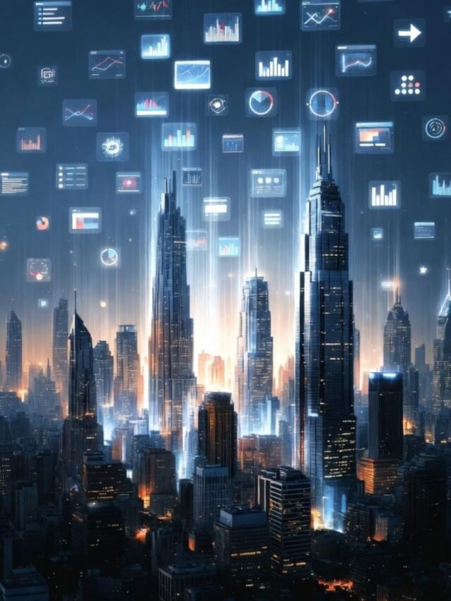 Futuristic office skyline fading with digital SaaS icons disappearing in the background