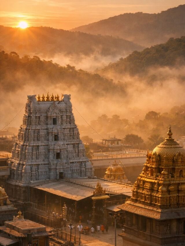 Sunrise view of Tirumala temple surrounded by golden mist