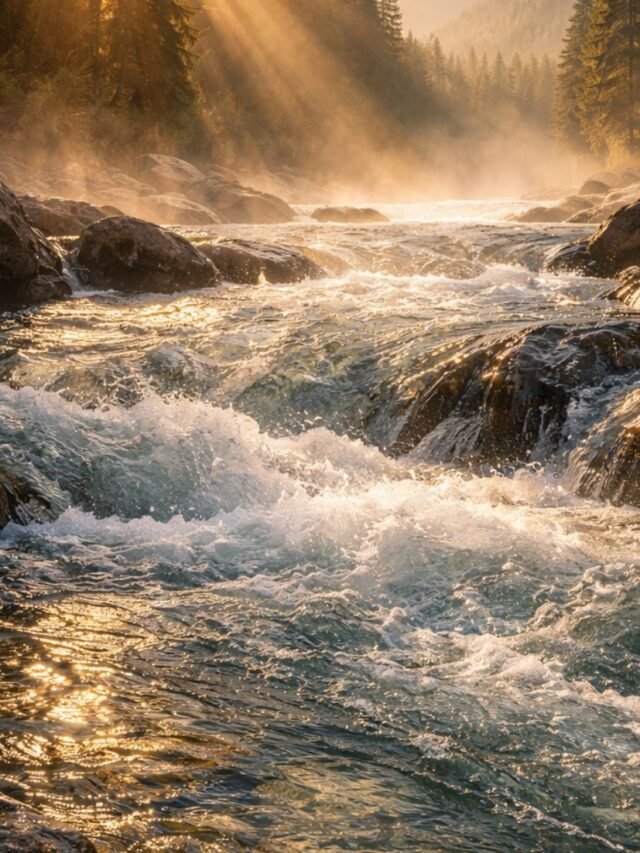 Holy Ganga river flowing through Himalayas at sunrise with golden light reflecting on pure water