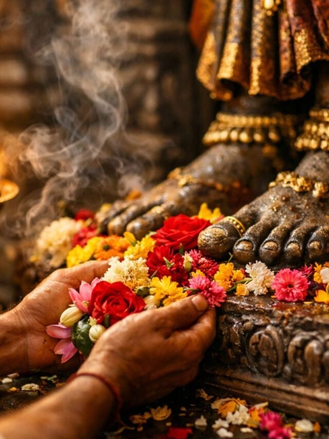 Devotee offering colorful flowers during Hindu prayer