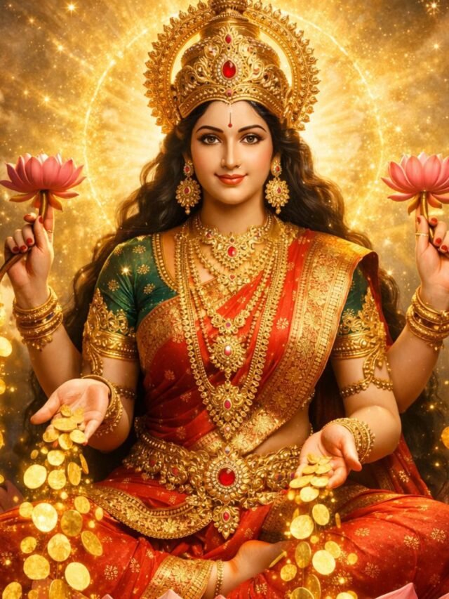 Goddess Lakshmi sitting on a lotus with a golden aura and flowing coins