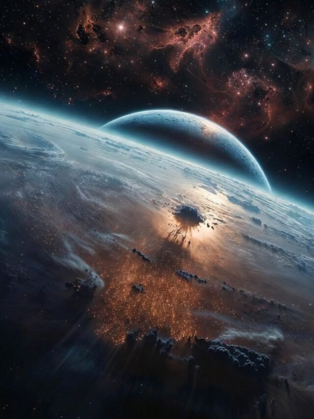 Futuristic alien planet with glowing atmosphere, distant stars, mysterious signals, and the possibility of extraterrestrial life in space