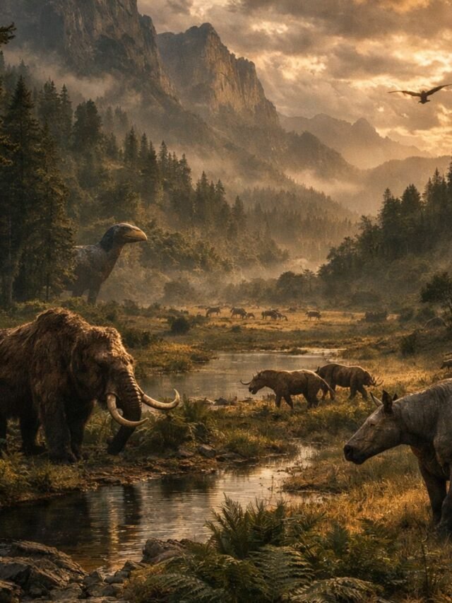Illustration of Earth 5.5 million years ago showing ancient forests, strange animals and prehistoric environment