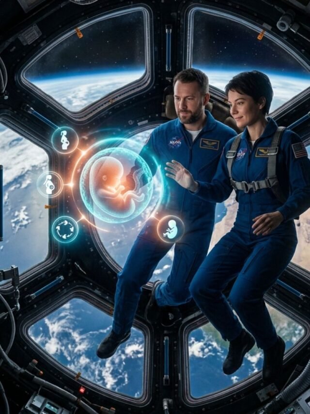 A futuristic space scene representing scientists studying whether human pregnancy is possible in outer space