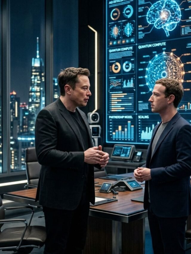 Elon Musk and Mark Zuckerberg linked to a reported OpenAI bid discussion in a dramatic AI industry scene.