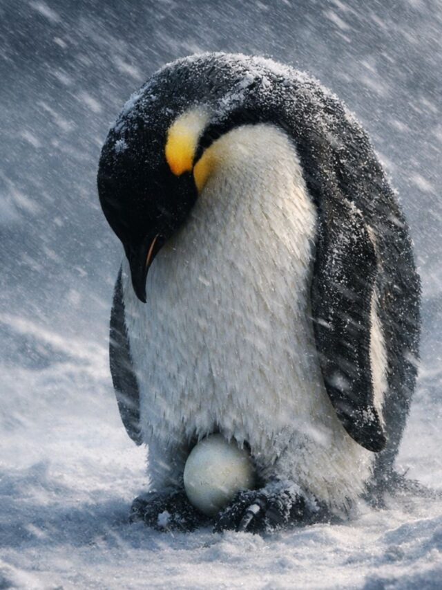 Emperor penguin standing in Antarctic snow protecting its egg on feet during harsh winter
