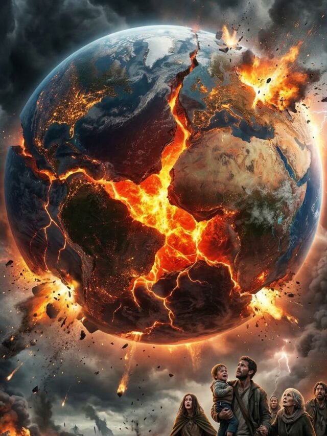 dramatic illustration of earth destruction and humanity survival concept