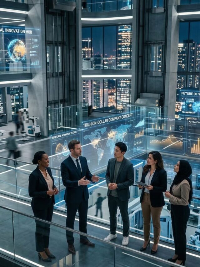 Futuristic business team of five people standing with AI screens, symbolizing a trillion-dollar company powered by automation and artificial intelligence