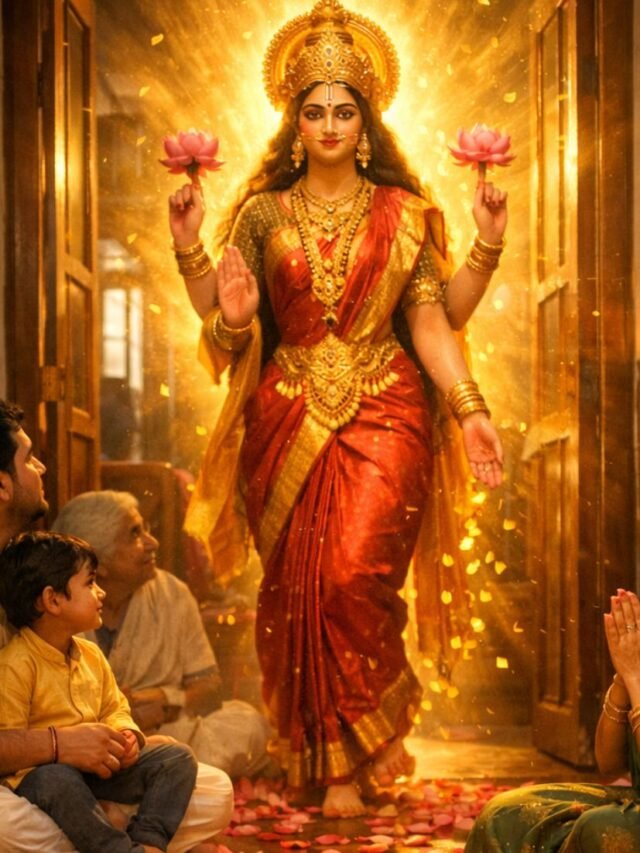 Goddess Lakshmi standing in golden aura inside a clean Indian home with glowing oil lamps