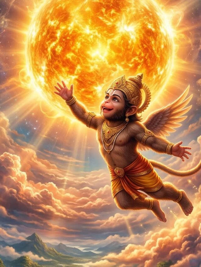 Young Hanuman jumping toward the sun in Hindu mythology