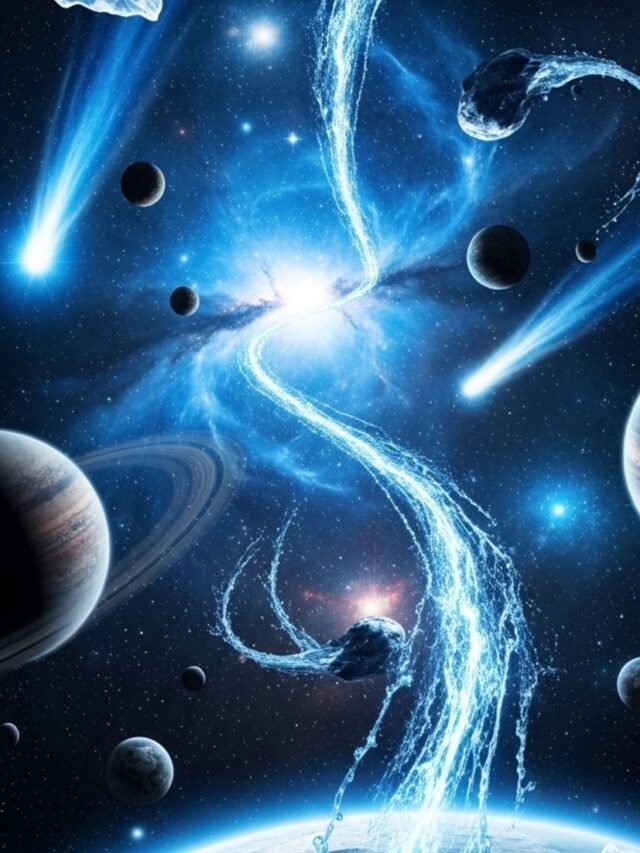 A stunning view of outer space showing planets, icy moons, comets, and glowing cosmic clouds representing water across the universe.