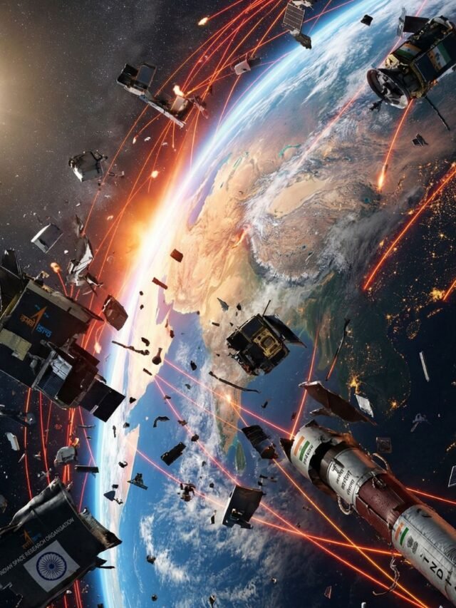 Illustration of Indian space debris orbiting Earth with satellites and dangerous collision paths in space