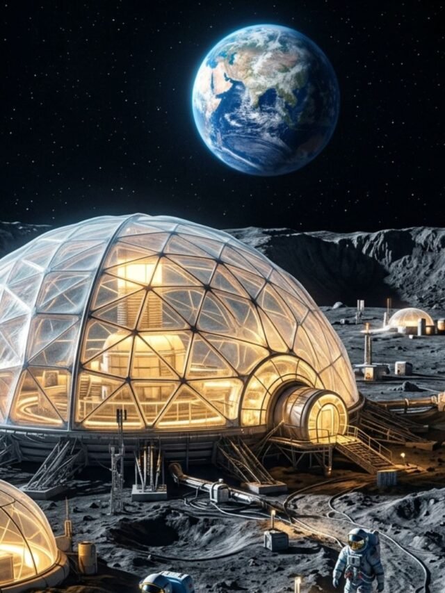 Futuristic inflatable habitat on the Moon with astronauts standing nearby under a dark star-filled sky