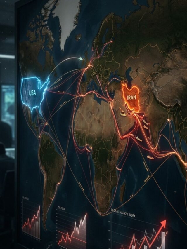 Dramatic geopolitical scene showing Iran and America with oil barrels, financial charts, and rising economic tension.