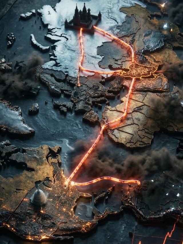 Geopolitical visual showing Iran war tension affecting America negatively while Russia gains through rising global oil prices.