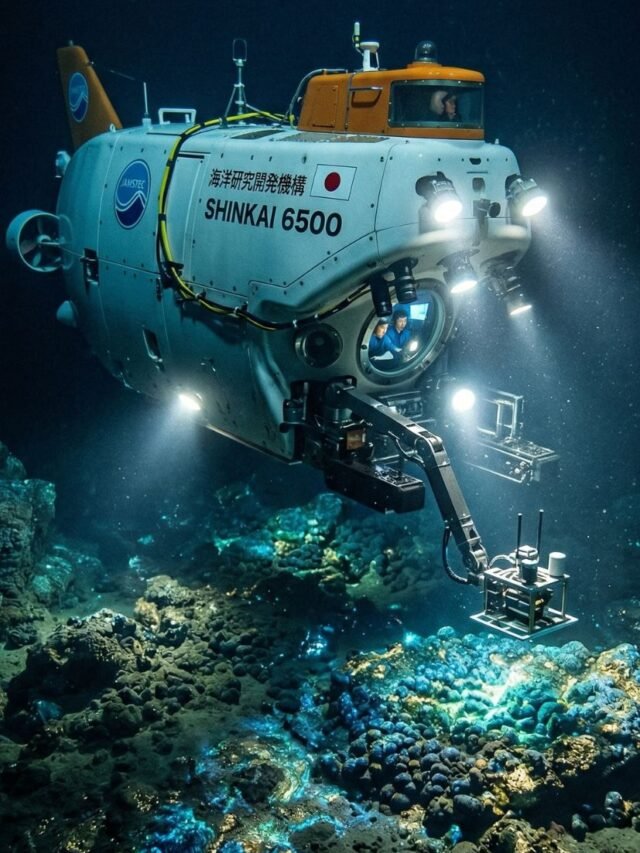 A deep-sea exploration scene showing Japan discovering a massive rare earth deposit 6000 meters below the ocean surface