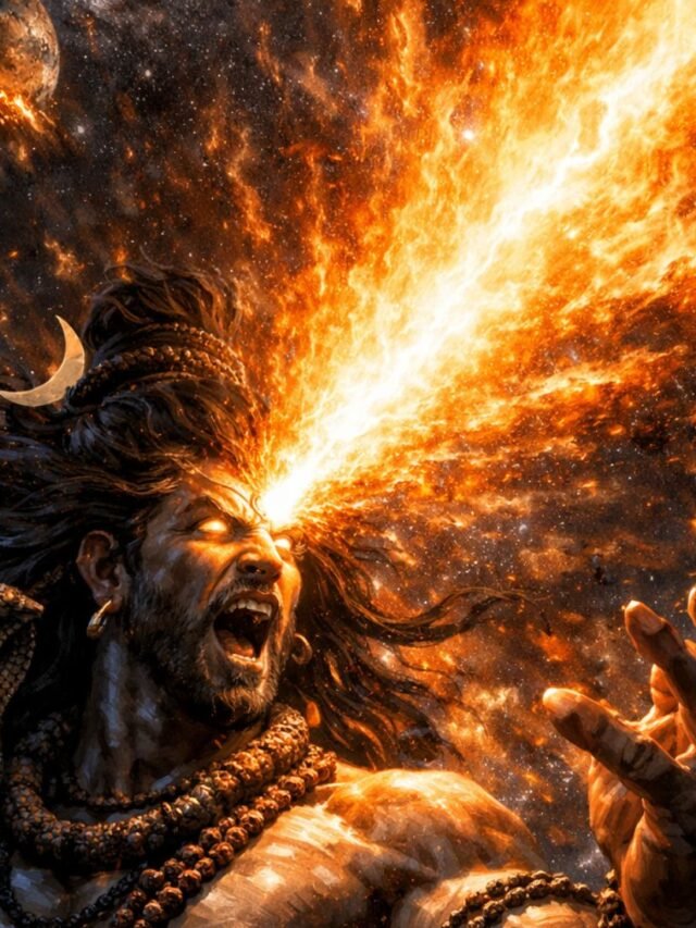 Lord Shiva opening third eye with powerful cosmic fire energy