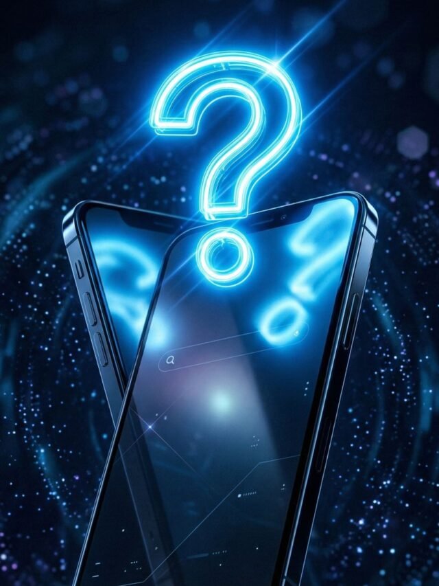 Close-up smartphone with a glowing question mark symbol representing the mobile full-form curiosity concept