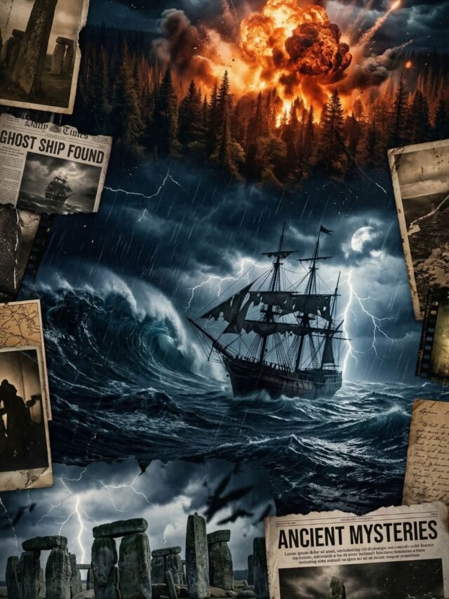 dark collage showing mysterious historical events, explosions, lost ships and ancient structures representing unsolved mysteries of history