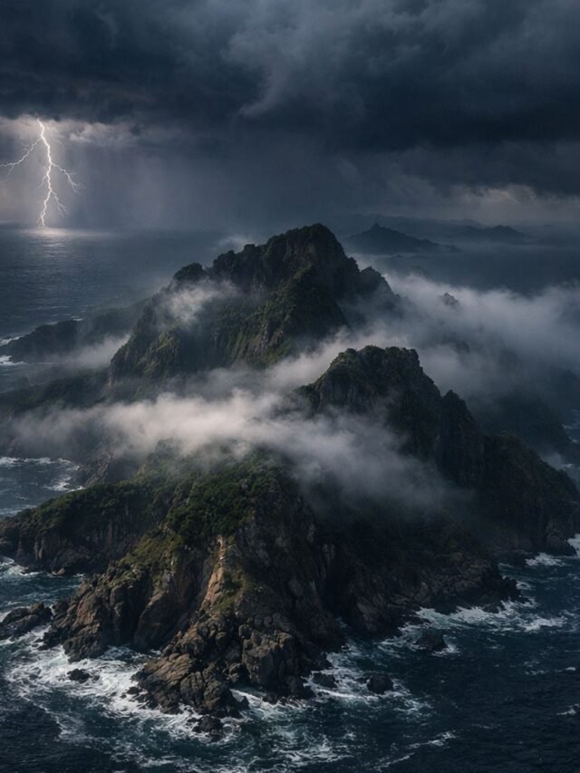 Isolated mysterious island surrounded by dark blue ocean waters