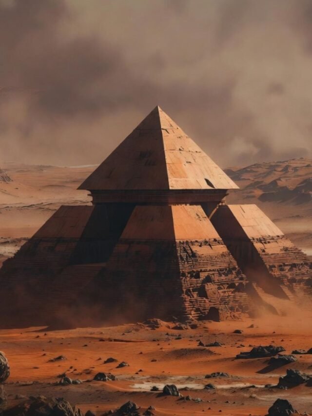A mysterious pyramid-shaped structure on the surface of Mars seen in NASA imagery, resembling ancient Egyptian pyramids.