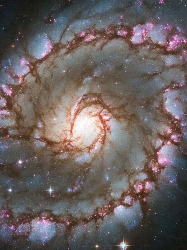 NASA image of the Pinwheel Galaxy with bright spiral arms and glowing star-forming regions in deep space.