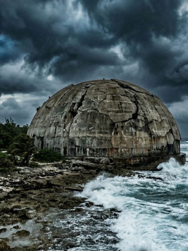 Concrete dome covering buried radioactive nuclear waste on a remote Pacific island near the ocean