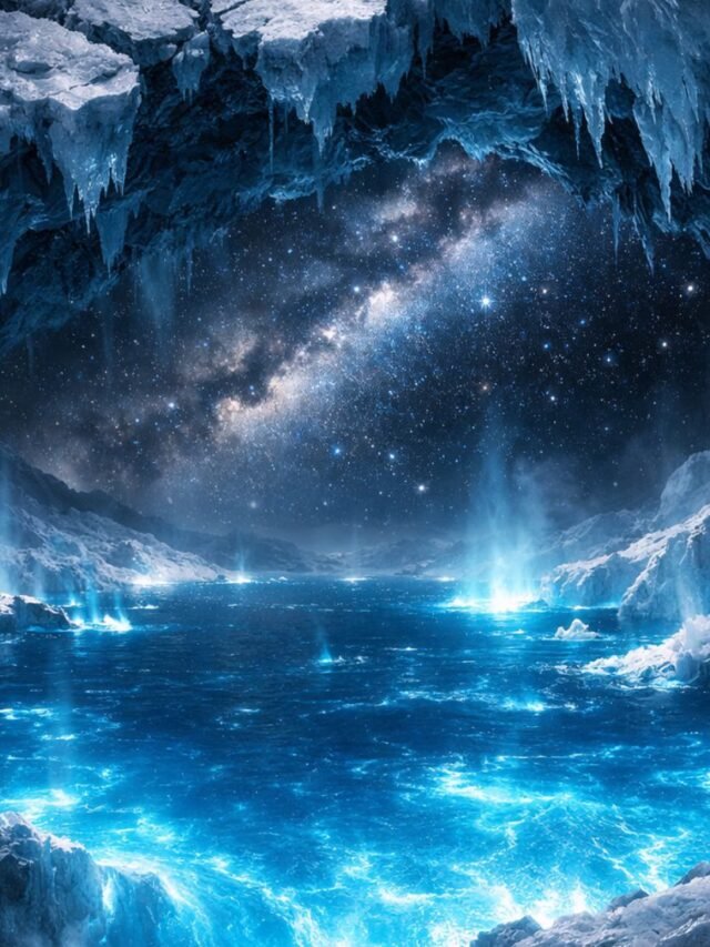 Massive glowing ocean beneath the icy surface of the Europa moon in deep space with a starry background