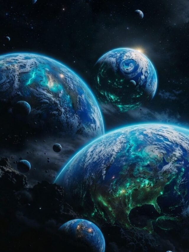 Illustration of multiple Earth-like exoplanets in space that may have conditions suitable for alien life.