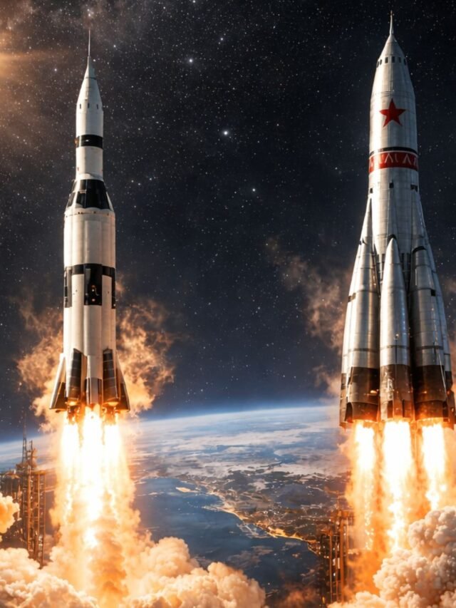 USA and Soviet Union rockets competing during the historic space race
