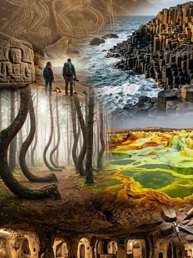 Collage of the world’s strangest discoveries, including ancient ruins, mysterious desert lines, unusual rocks, and hidden underground cities