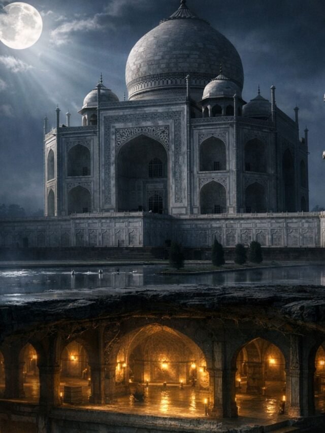 Cinematic night view of Taj Mahal with conceptual underground secret chambers glowing beneath the structure
