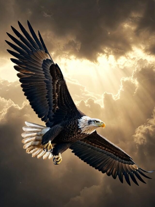 A majestic bald eagle flying with wide-open wings through a dramatic cloudy sky with golden sunlight shining behind it.