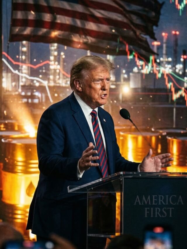 Donald Trump speaking as rising oil prices and American energy interests dominate global market discussion