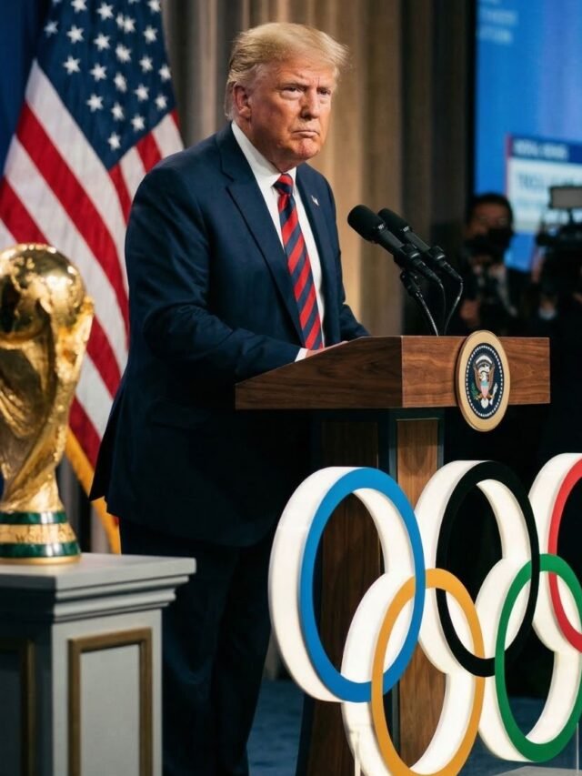 Donald Trump with FIFA World Cup trophy and Olympic rings in the background, symbolizing a political controversy over major global sports events