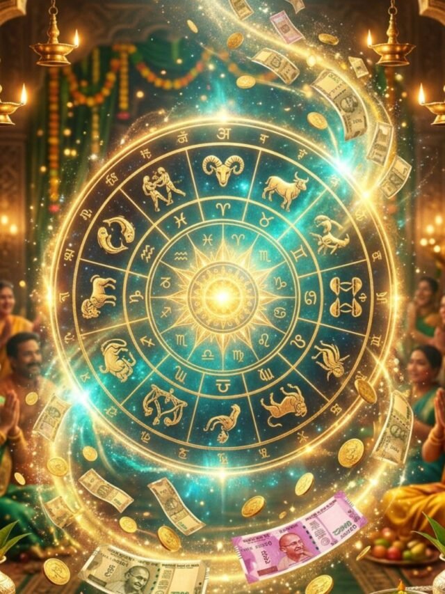 Astrology concept image showing 12 zodiac signs with money, fortune, and the Ugadi festival theme for Monday horoscope predictions