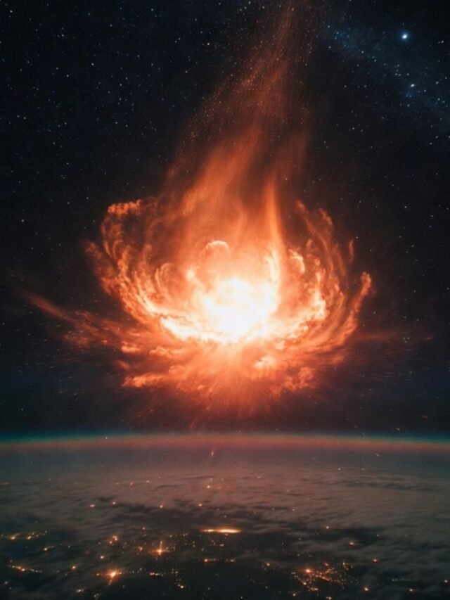 A dramatic fireball streaks across Earth’s atmosphere at night, glowing brightly as it burns through the sky.