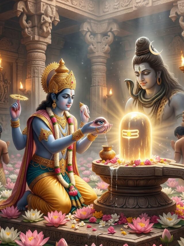 Lord Vishnu offering his eye to Lord Shiva in a divine act of devotion during a sacred lotus puja scene