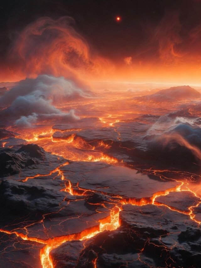Fiery alien planet L 98-59 d with glowing magma oceans and a toxic sulfur-rich atmosphere in deep space