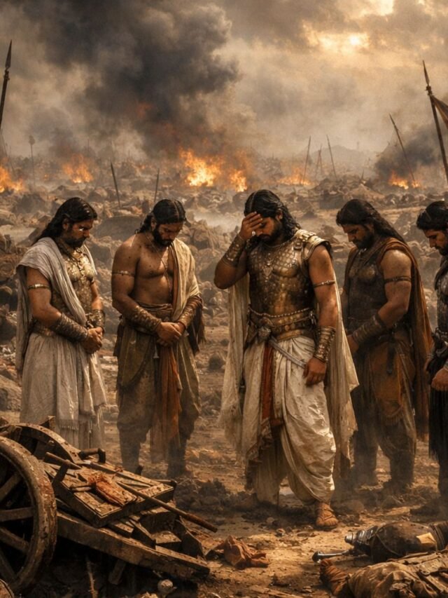 Dramatic scene of the Mahabharata war aftermath with ruined battlefield and surviving Pandavas in sorrow