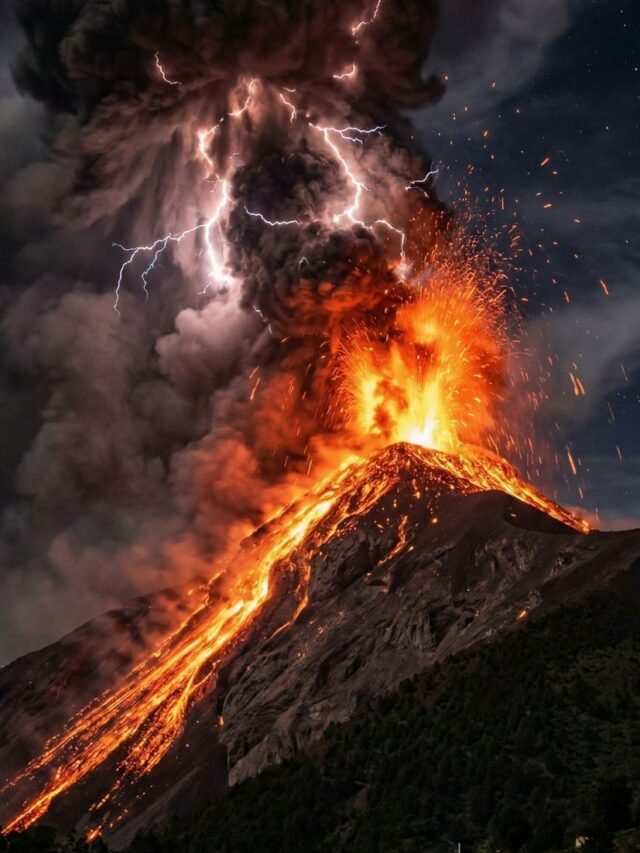 An active volcano erupting with lava explosion and ash cloud rising into the sky