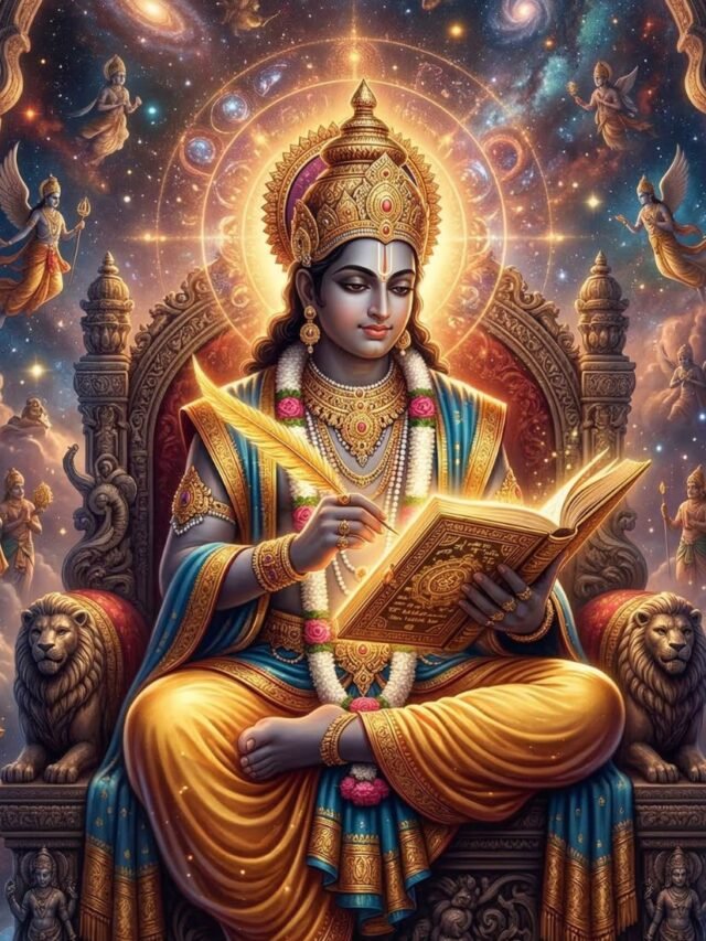 Divine depiction of Chitragupta holding a book and pen, recording human karma beside Yama in a celestial court