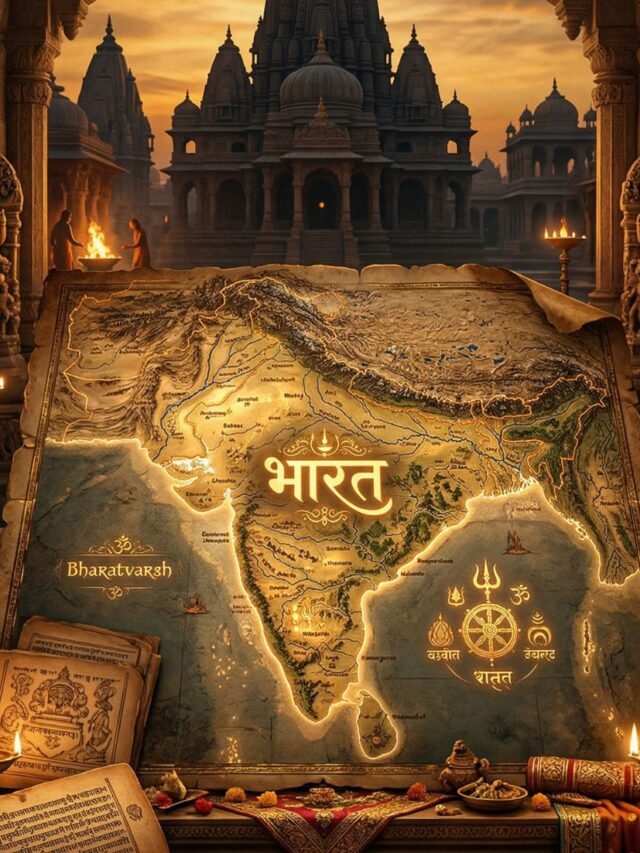 Illustration of India map with Bharat name, ancient Indian heritage symbols, cultural elements, and historic royal theme