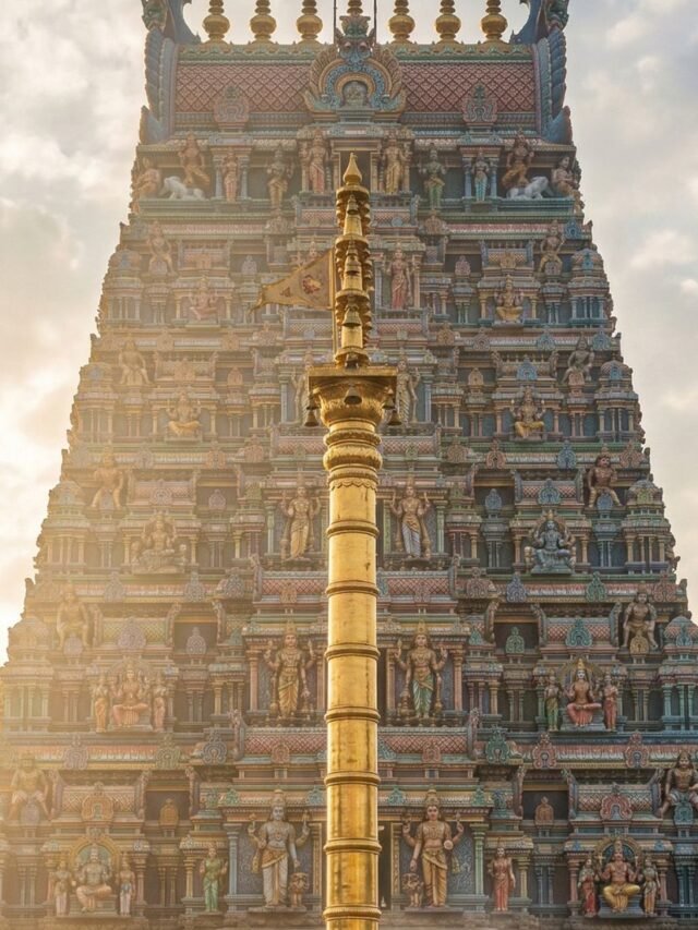 Tall golden dhwaja sthambam standing in front of Hindu temple gopuram during sunrise
