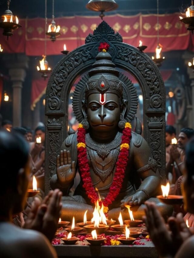Devotees offering prayers to Lord Hanuman with lamps, flowers, and folded hands during a traditional worship ritual